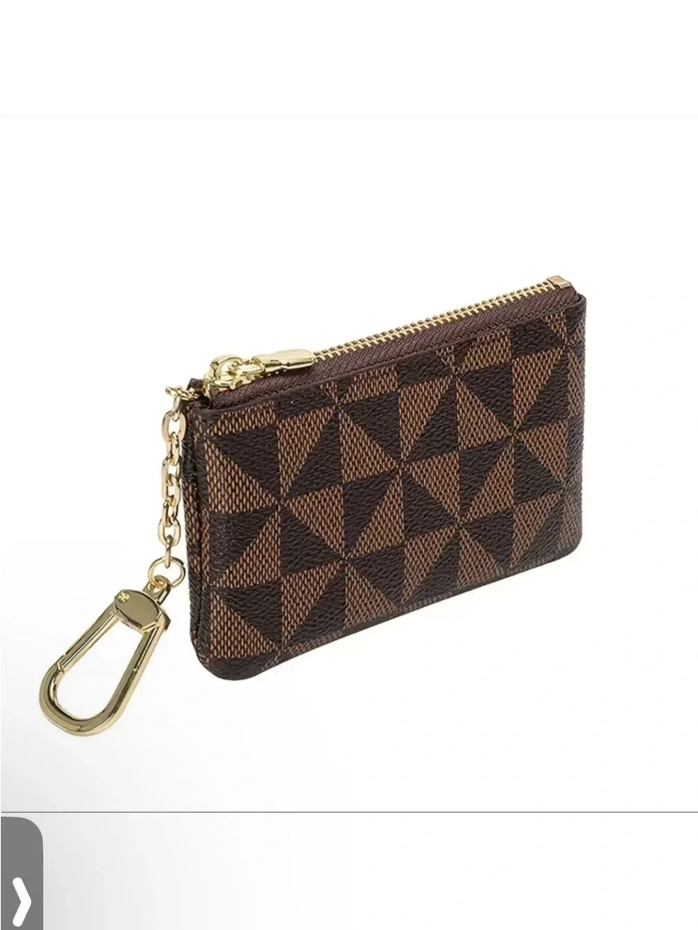Brown Geometric Pattern Coin Pouch with Goldtone Keychain